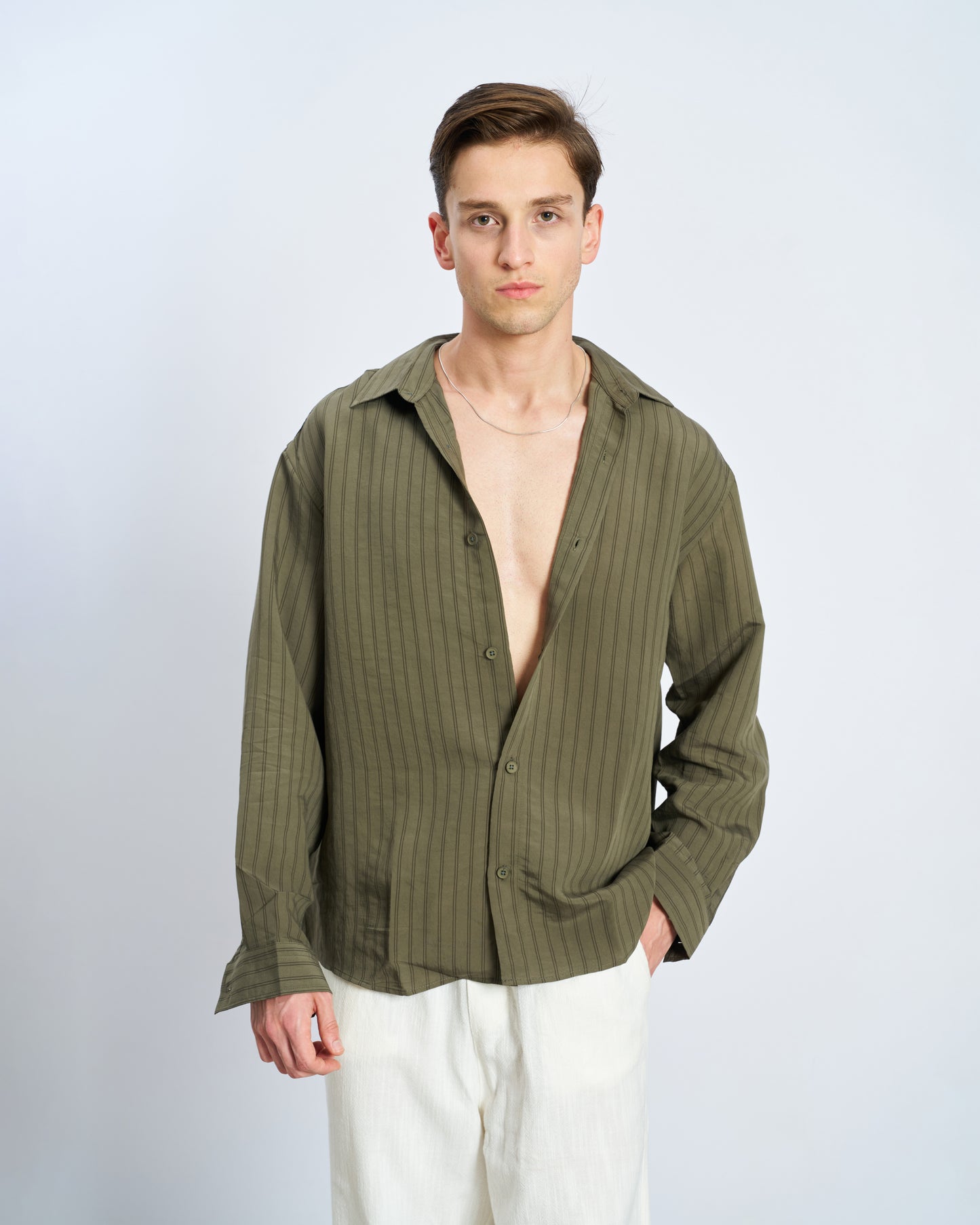 Oversize Çizgili Model Kumaş Uzun Kol Gömlek - Haki