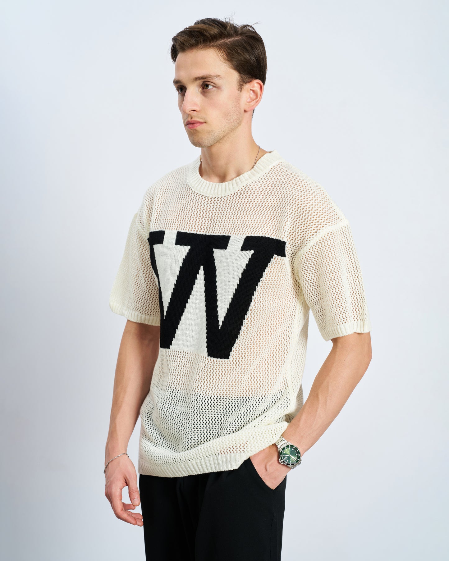 Oversize W Örme Tişört - Ecru