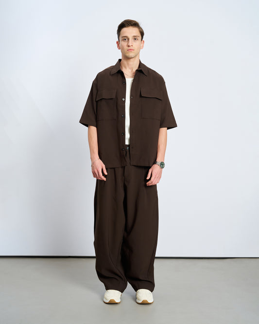Oversize Çift Cepli Gömlek Pantolon Takım - Kahve