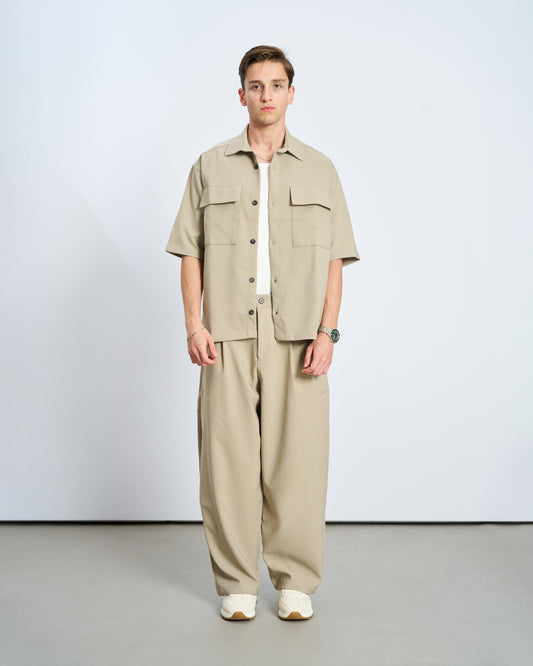Oversize Çift Cepli Gömlek Pantolon Takım - Taş