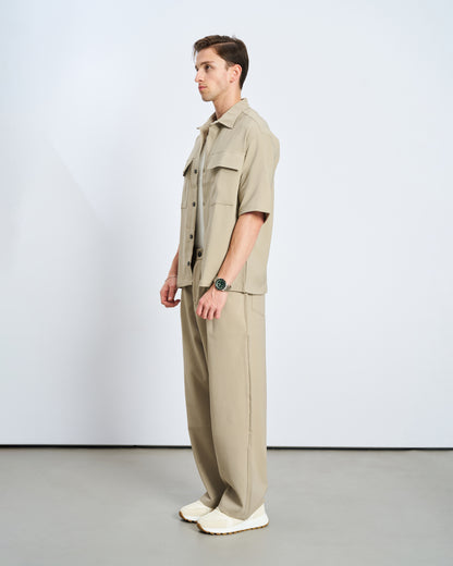 Oversize Çift Cepli Gömlek Pantolon Takım - Taş