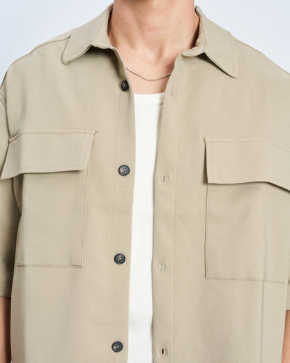 Oversize Çift Cepli Gömlek Pantolon Takım - Taş