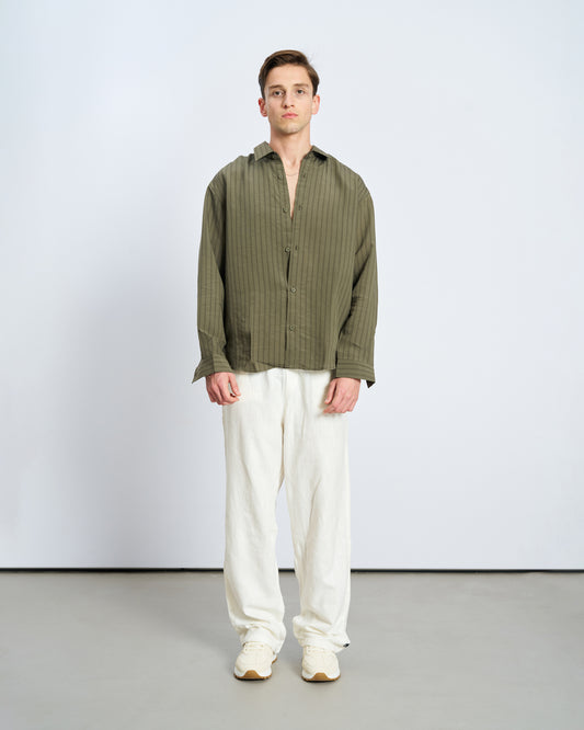 Oversize Çizgili Model Kumaş Uzun Kol Gömlek - Haki