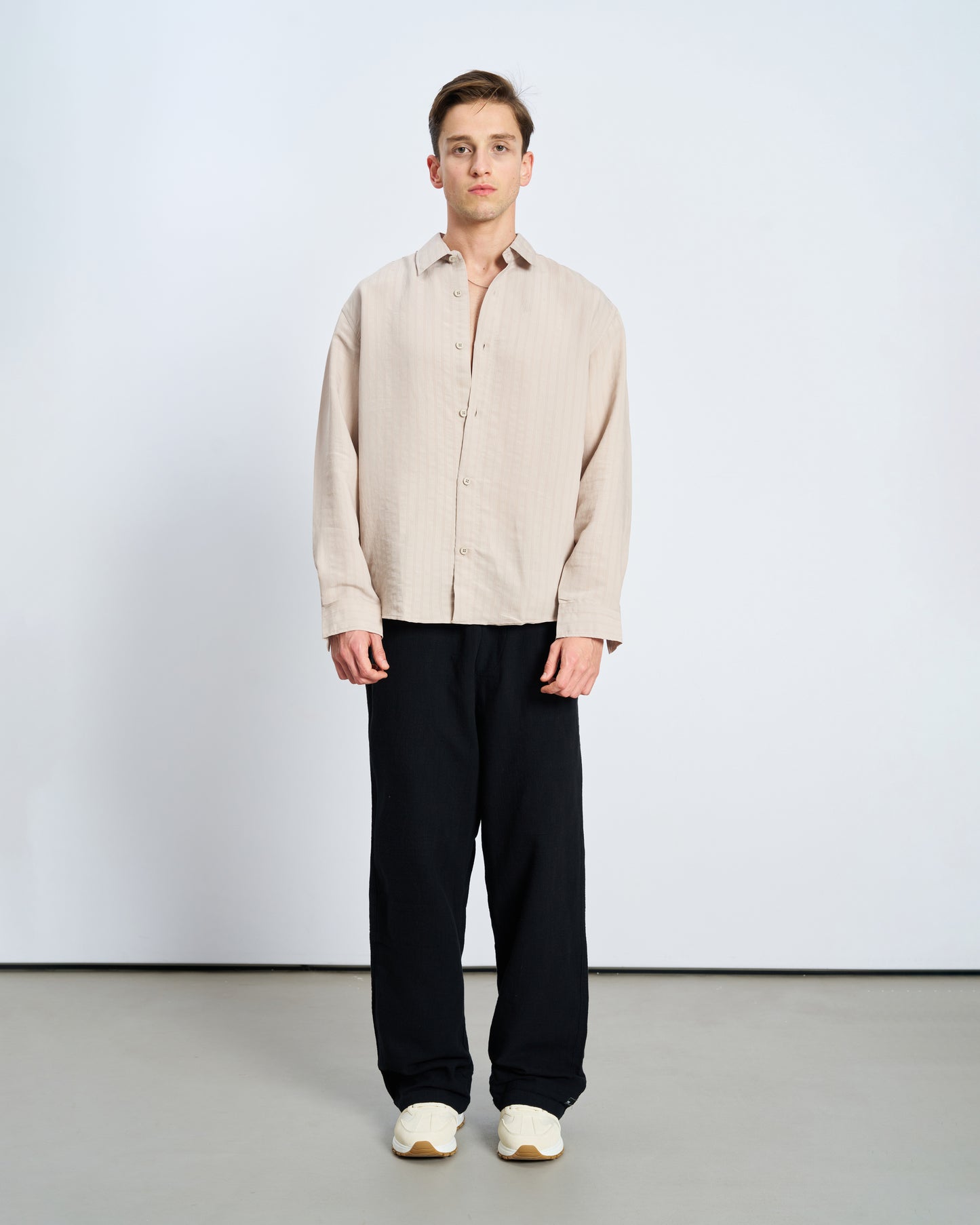 Oversize Model Kumaş Uzun Kol Gömlek - Bej