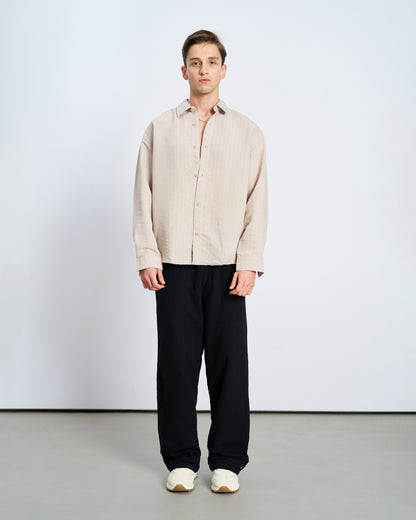 Oversize Çizgili Model Kumaş Uzun Kol Gömlek - Bej