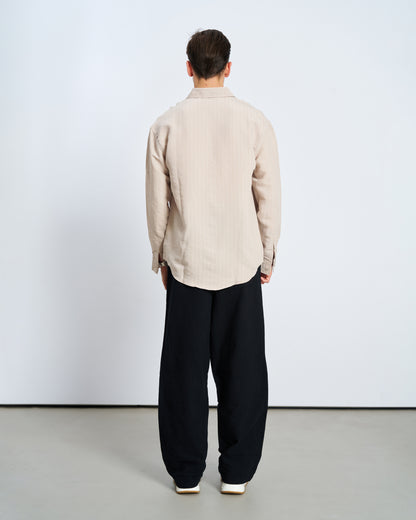 Oversize Çizgili Model Kumaş Uzun Kol Gömlek - Bej