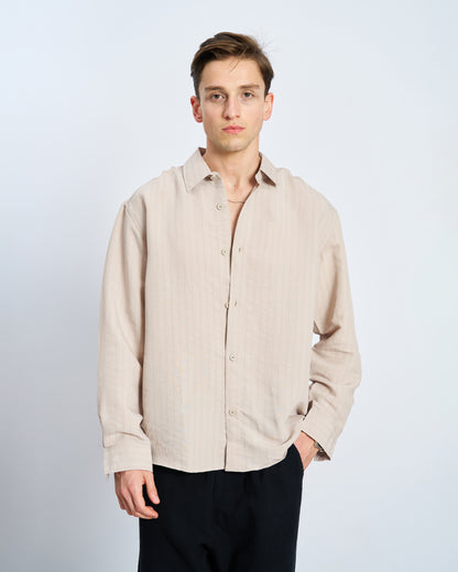 Oversize Çizgili Model Kumaş Uzun Kol Gömlek - Bej