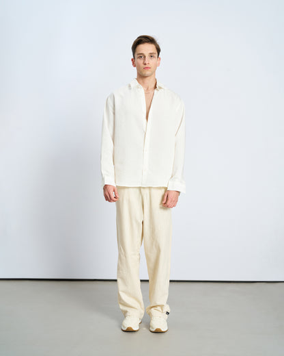 Oversize Çizğili Model Kumaş Uzun Kol Gömlek - Ecru