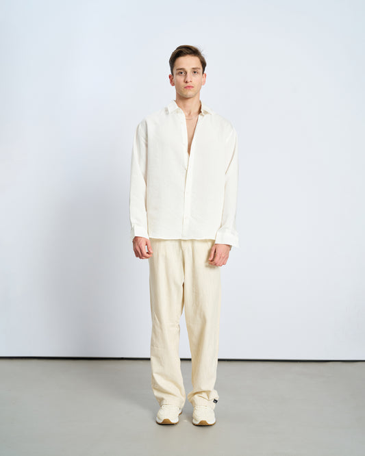 Oversize Çizğili Model Kumaş Uzun Kol Gömlek - Ecru