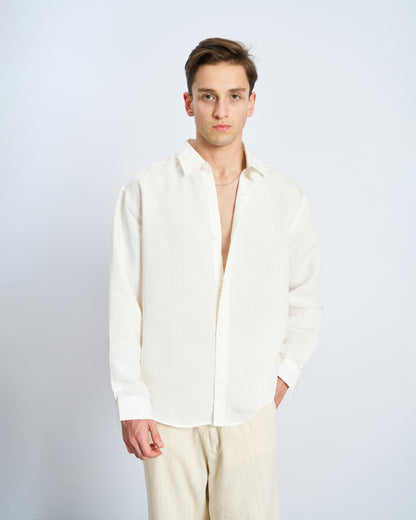 Oversize Çizğili Model Kumaş Uzun Kol Gömlek - Ecru