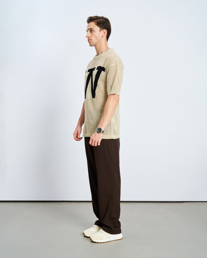 Oversize W Örme Tişört - Naturel