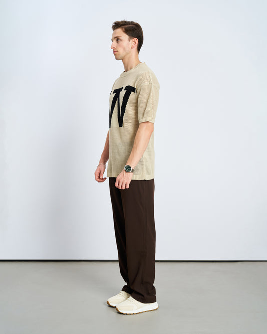 Oversize W Örme Tişört - Naturel