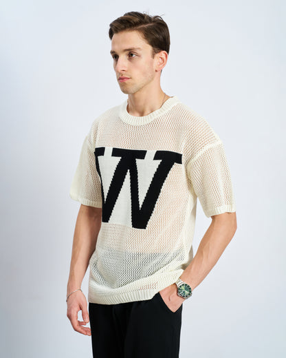 Oversize W Örme Tişört - Ecru