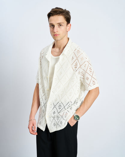 Oversize Nakış Kısa Kol Gömlek - Ecru