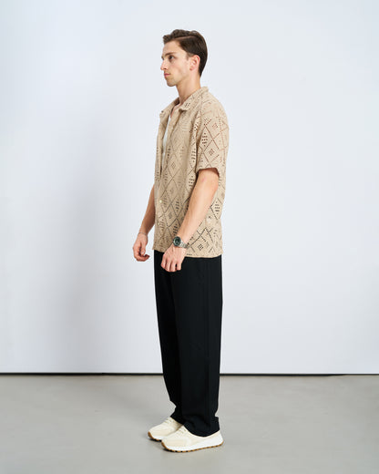 Oversize Nakış Kısa Kol Gömlek - Naturel