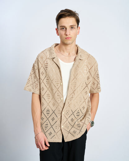 Oversize Nakış Kısa Kol Gömlek - Naturel