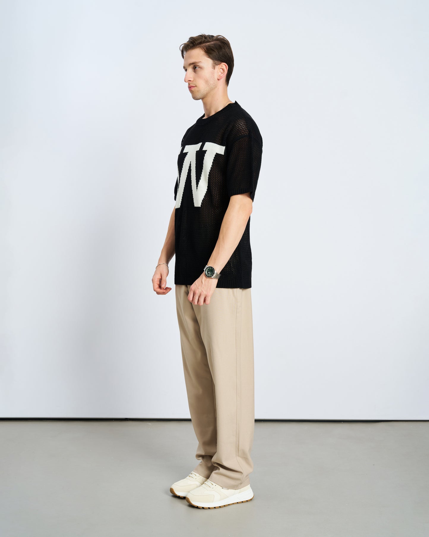 Oversize W Örme Tişört - Siyah