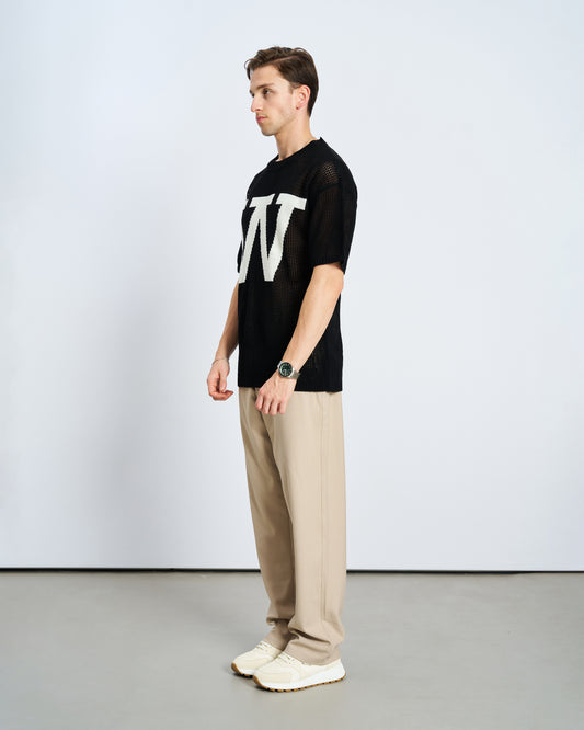 Oversize W Örme Tişört - Siyah