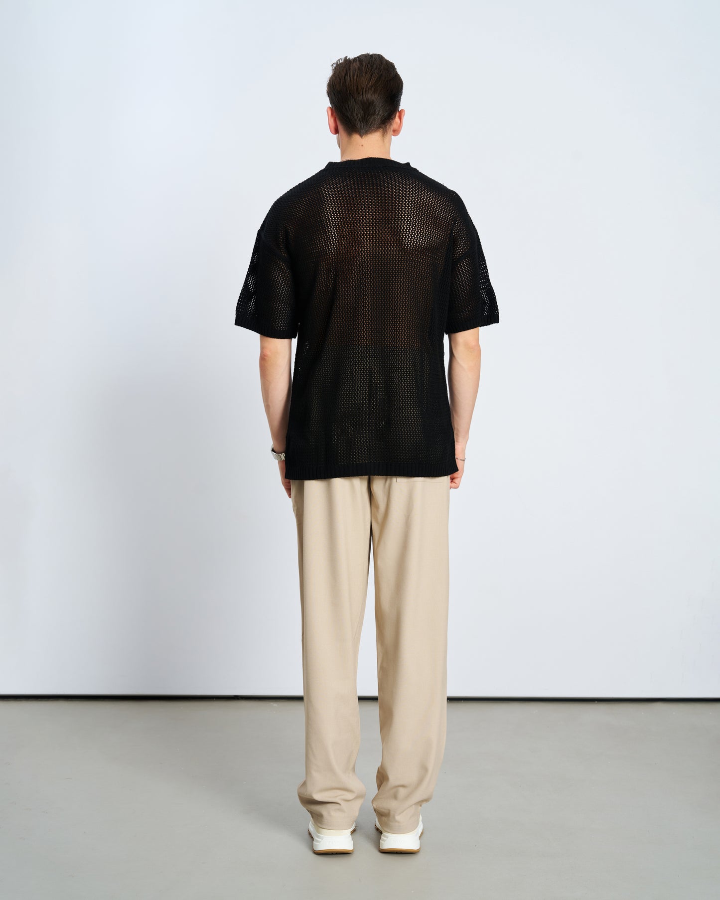Oversize W Örme Tişört - Siyah
