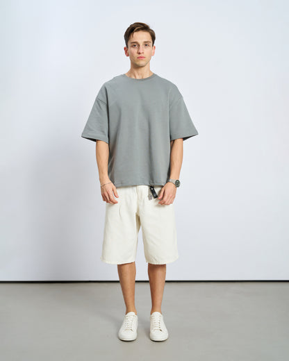 Oversize Boxy Fit Bisiklet Yaka Tişört - Füme