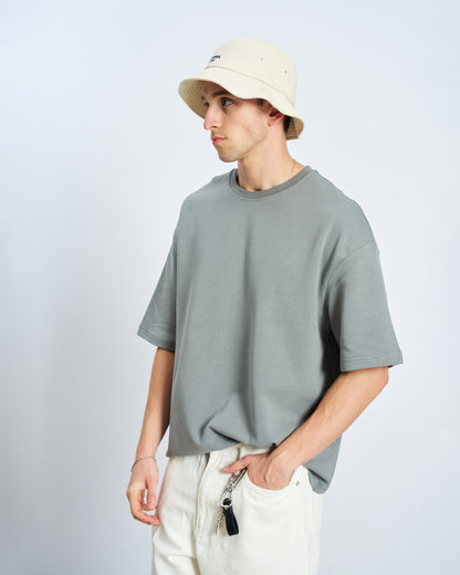 Oversize Boxy Fit Bisiklet Yaka Tişört - Füme