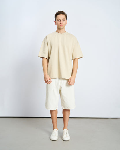 Oversize Boxy Fit Bisiklet Yaka Tişört-Bej