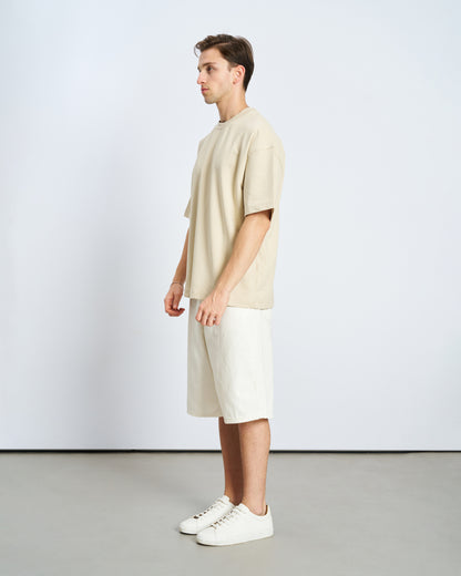 Oversize Boxy Fit Bisiklet Yaka Tişört-Bej