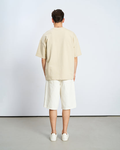 Oversize Boxy Fit Bisiklet Yaka Tişört-Bej