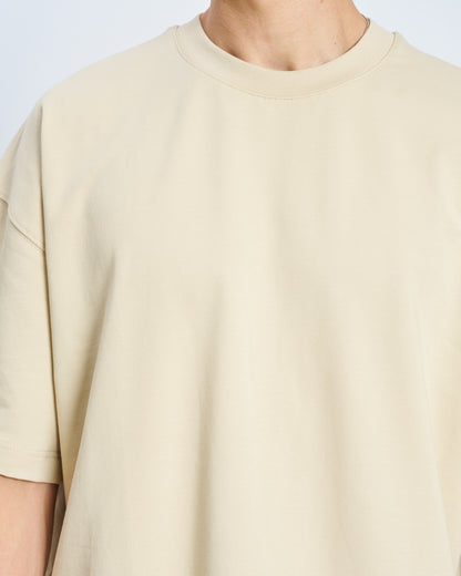 Oversize Boxy Fit Bisiklet Yaka Tişört-Bej