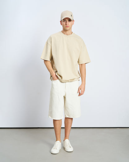 Oversize Boxy Fit Bisiklet Yaka Tişört-Bej