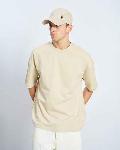 Oversize Boxy Fit Bisiklet Yaka Tişört-Bej
