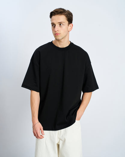 Oversize Bisiklet Yaka Fit Tişört - Siyah