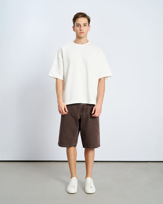 Oversize Boxy Fit Bisiklet Yaka Tişört - Ekru