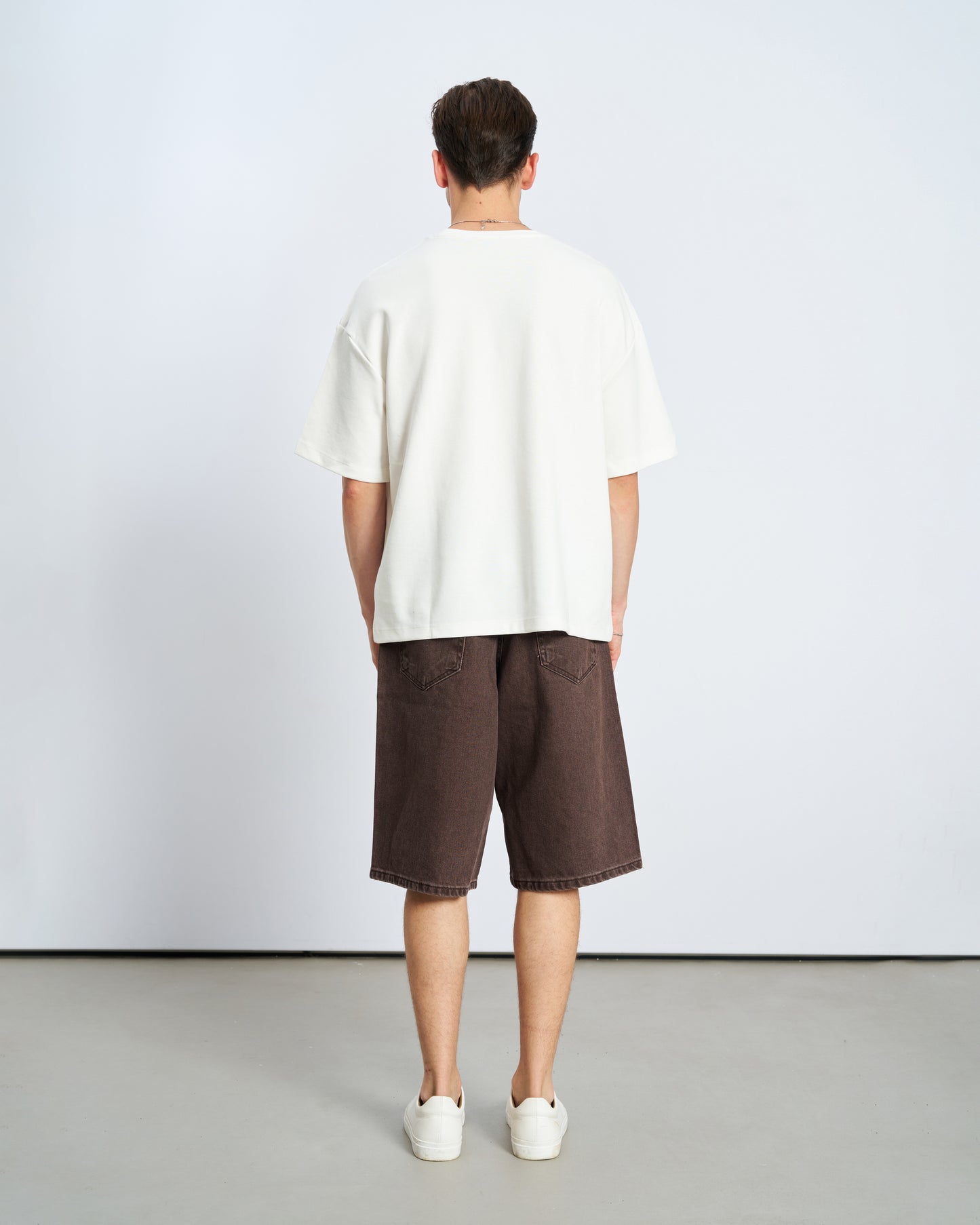 Oversize Boxy Fit Bisiklet Yaka Tişört - Ecru