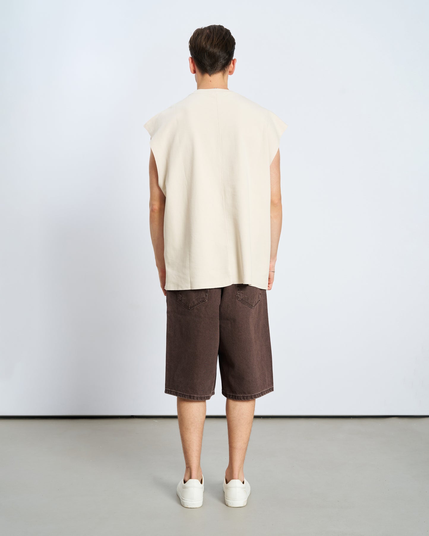 Oversize Basic Bisiklet Yaka Kolsuz Tişört-Bej