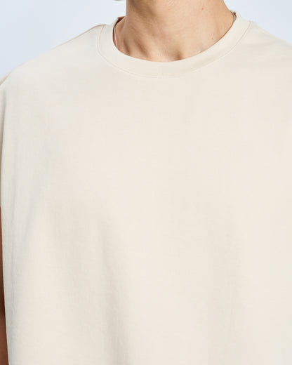 Oversize Bisiklet Yaka Kolsuz Tişört-Bej