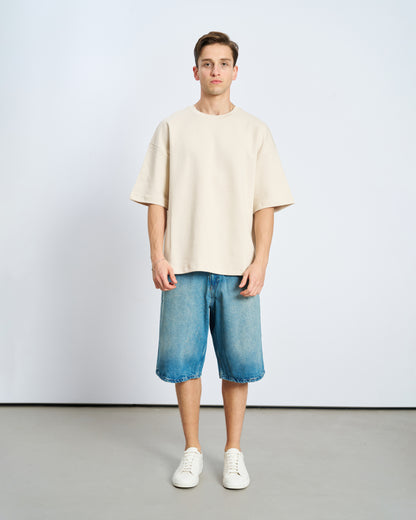 Oversize Basic Bisiklet Yaka Tişört-Bej