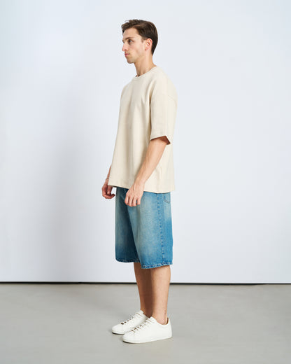 Oversize Basic Bisiklet Yaka Tişört-Bej