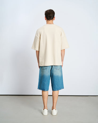 Oversize Basic Bisiklet Yaka Tişört-Bej