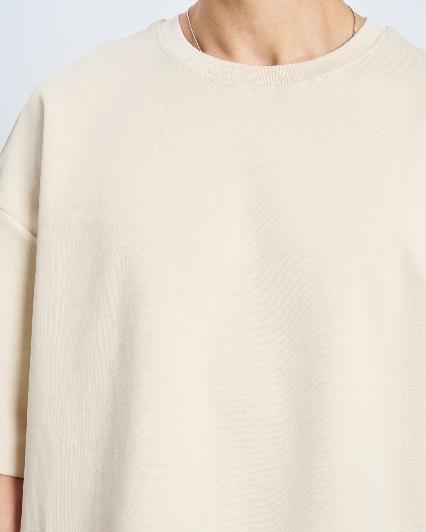 Oversize Basic Bisiklet Yaka Tişört-Bej