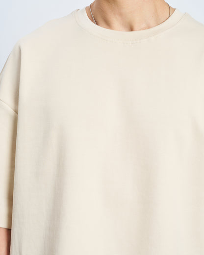 Oversize Basic Bisiklet Yaka Tişört-Bej