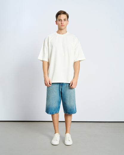 Oversize Basic Bisiklet Yaka Tişört-Ecru