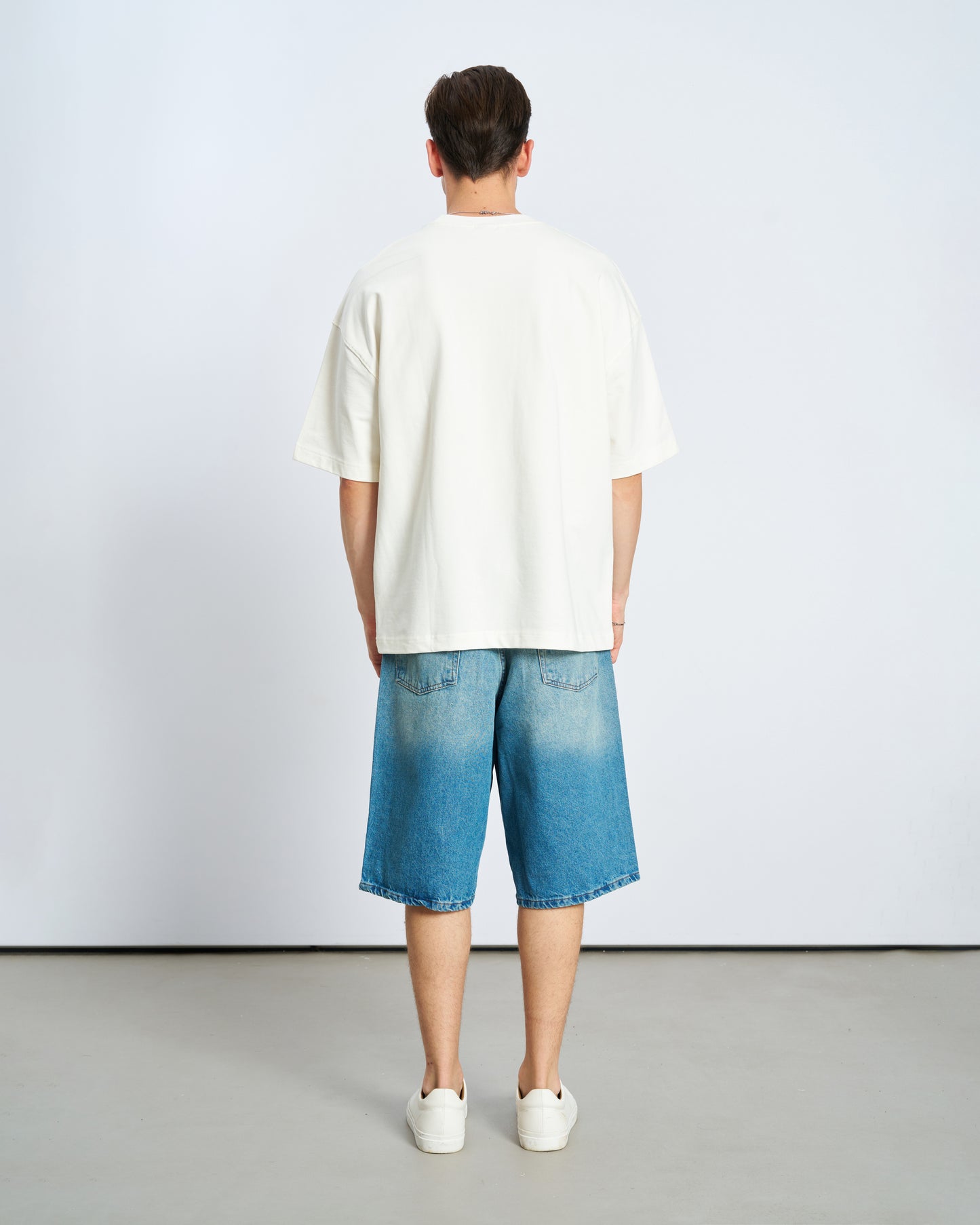 Oversize Basic Bisiklet Yaka Tişört-Ecru