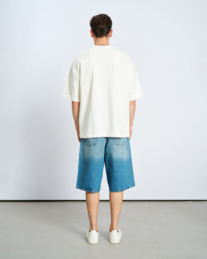 Oversize Basic Bisiklet Yaka Tişört-Ecru