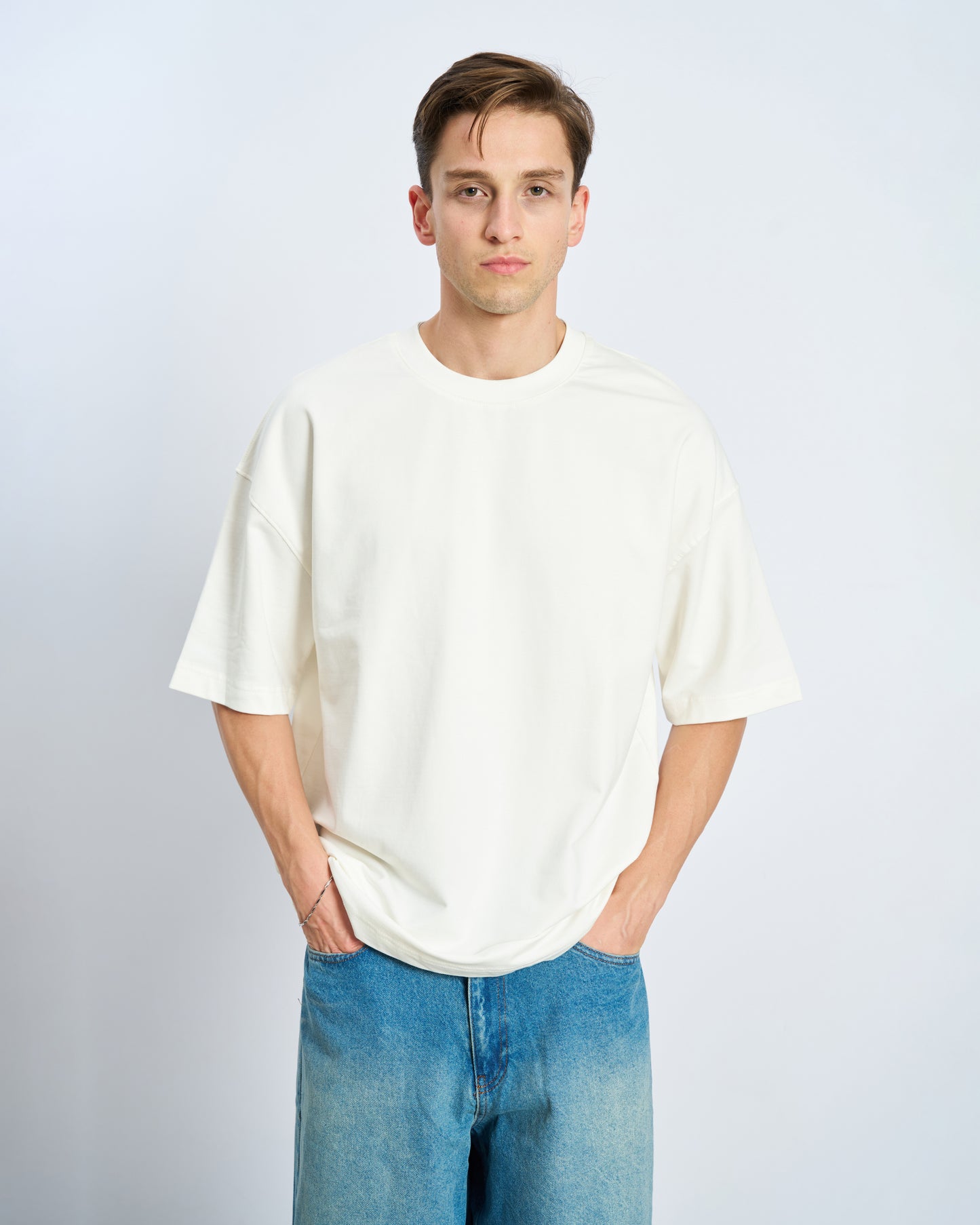 Oversize Basic Bisiklet Yaka Tişört-Ecru