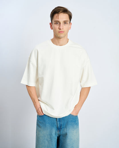 Oversize Basic Bisiklet Yaka Tişört-Ecru