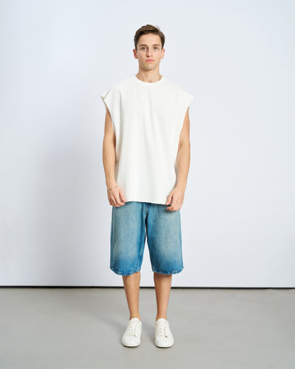 Oversize Basic Bisiklet Yaka Kolsuz Tişört-Ecru