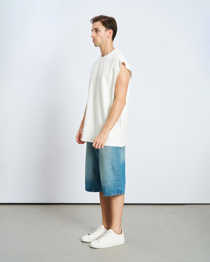 Oversize Basic Bisiklet Yaka Kolsuz Tişört-Ecru