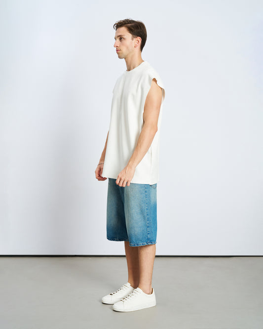 Oversize Basic Bisiklet Yaka Kolsuz Tişört-Ecru