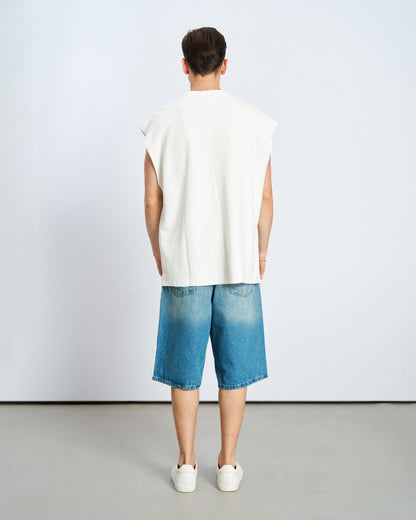 Oversize Basic Bisiklet Yaka Kolsuz Tişört-Ecru